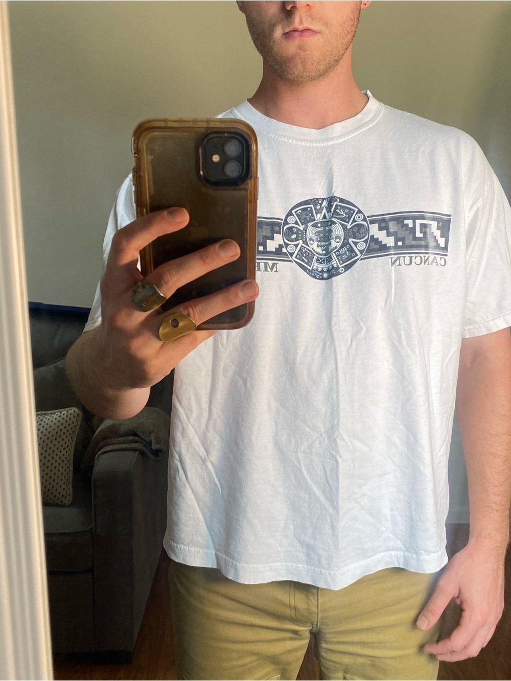 White Graphic Men’s T-Shirt with Navy Aztec Motif